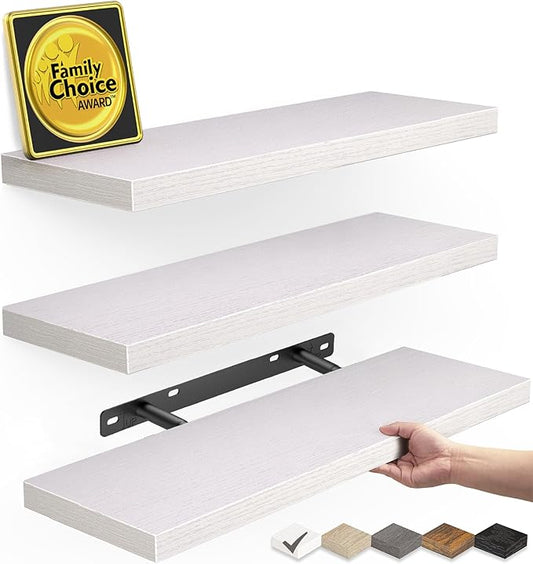 BAYKA Floating Shelves for Wall – Rustic Wood Wall Shelves with Metal Brackets for Bathroom, Bedroom, Kitchen, or Living Room Decor – White, Set of 3, Sturdy Storage with 22lb Capacity-Ruum Studio Home