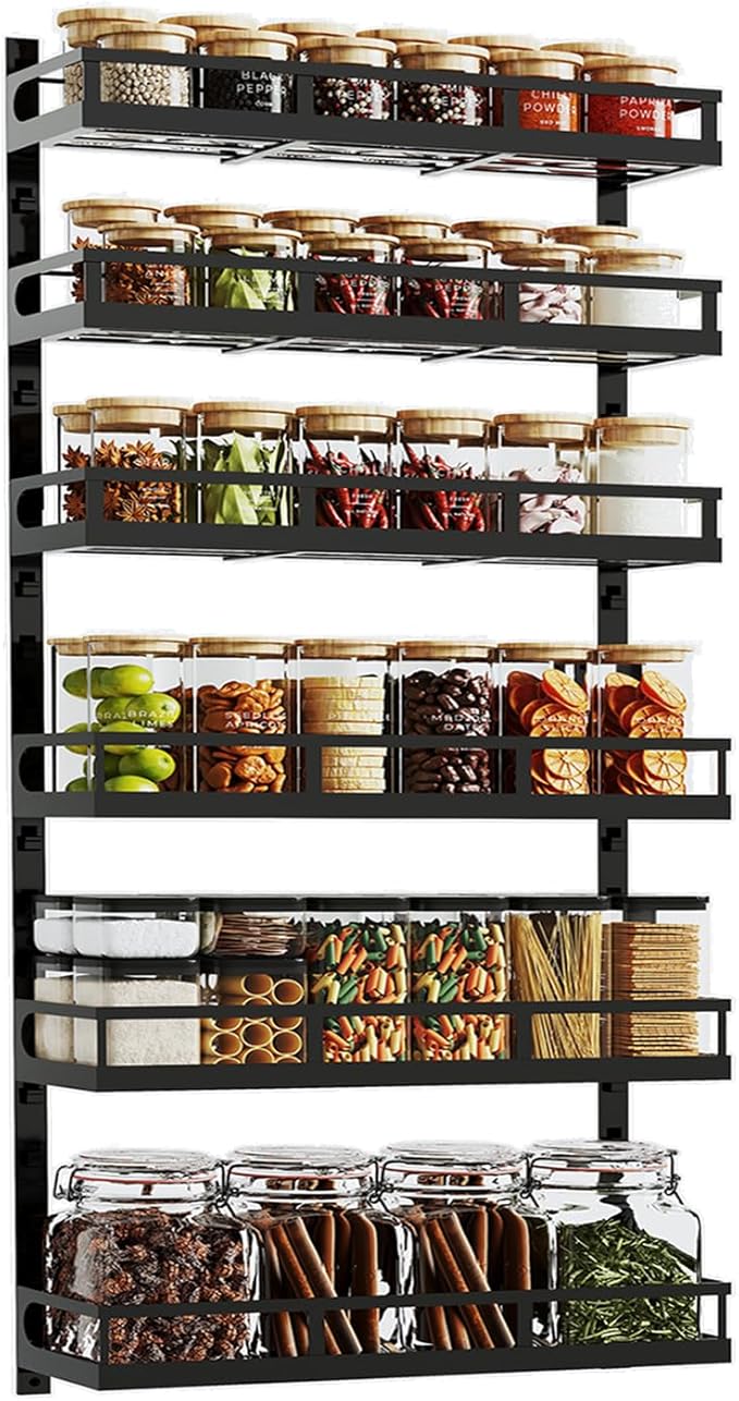 X-cosrack 6-Tier Wall-Mounted Spice Rack Organizer with Mixed Basket Sizes, Height-Adjustable Hanging Spice Shelf for Kitchen Pantry Cabinet, Large-Capacity Seasoning Holder, Black-Ruum Studio Home