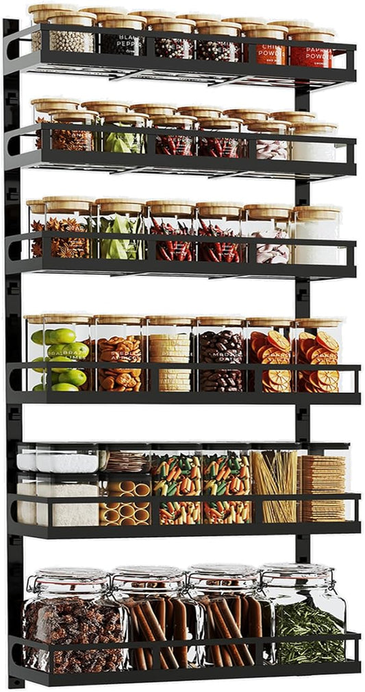 X-cosrack 6-Tier Wall-Mounted Spice Rack Organizer with Mixed Basket Sizes, Height-Adjustable Hanging Spice Shelf for Kitchen Pantry Cabinet, Large-Capacity Seasoning Holder, Black-Ruum Studio Home