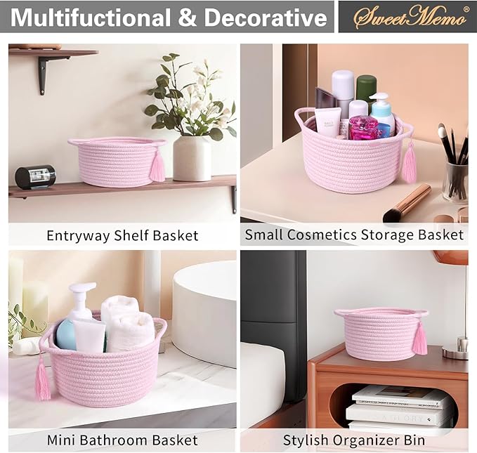 Empty Gift Basket – SweetMemo Mini Woven Rope Organizer Baskets for Gifting, Baby Shower, Desk, Makeup Brushes, Bathroom, Shelves – Small Decorative Storage Bin with Gift Bag & Ribbon – Blush Pink-Ruum Studio Home