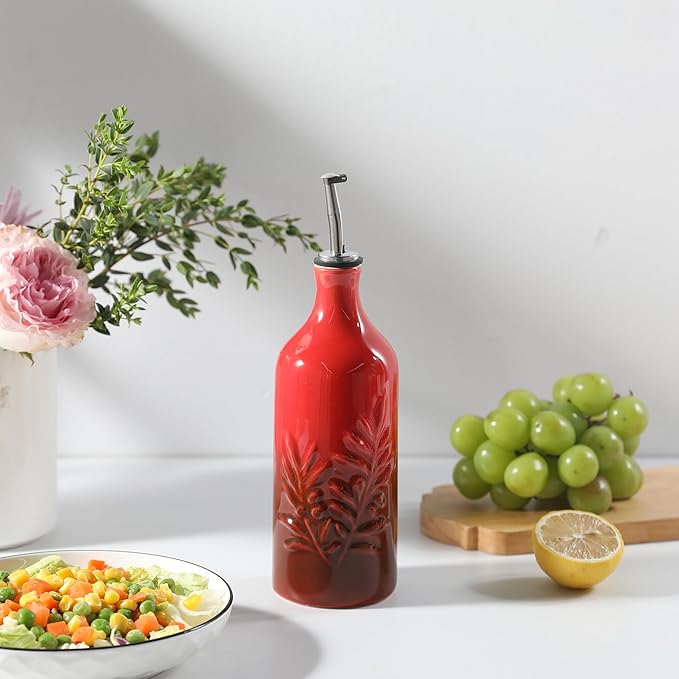 Sweejar Ceramic Olive Oil Dispenser Bottle, 20 Oz Relief Opaque Oil Cruet Protects To Reduce Oxidation, Suitable for Storage Vinegar, Soy Sauce, Coffee Syrup, Liquids, Set of 1 (Gradient Red)-Ruum Studio Home