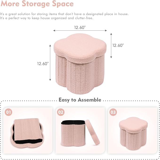 B FSOBEIIALEO Storage Ottoman Cube, Flowers Shaped Ottomans with Storage Foot Stool Footrest for Lving Room, Boucle Ottoman Seat for Dorm Room,Faux Teddy Fur, Pink 12.6"x12.6"x12.6"-Ruum Studio Home