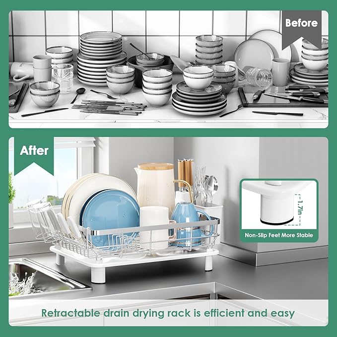 MOUKABAL Dish Drying Rack - Stainless Steel Dish Rack, Dish Racks for Kitchen Counter, Drying Rack Kitchen with Removable Utensil Holder, Drainboard and Glass Organizer (White)-Ruum Studio Home
