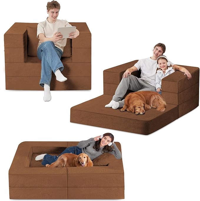 Folding Bean Bag Chair for Adults,3-in-1 Bean Bag Couch Faux Fur Floor Sofa Large Beanbag Convertible Bean Bag Sofa Bed with Pillow in Bedroom,Living Room,Apartment(Twin,Caramel)-Ruum Studio Home