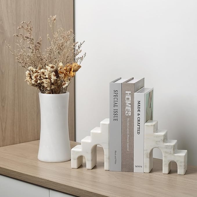 Natural Marble Book Ends for Shelves, Decorative Bookends for Heavy Books, CastleGuard Bookend Book Holder Stopper for Home Office Desk Bookshelf Decoration, Set of 2 (Oriental Calacatta)-Ruum Studio Home