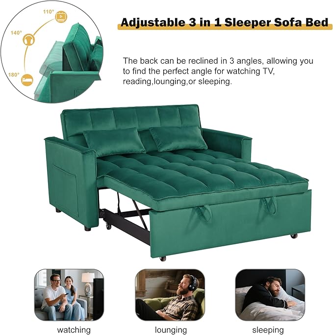 3 in 1 Sleeper Sofa Bed, Futon Sofa Bed for Living Room with Side Pocket, Green Sleepers Sofas Couch with Pullout Beds, Convertible Love Seat Sleepers Couch for Living Room, Bedroom-Ruum Studio Home