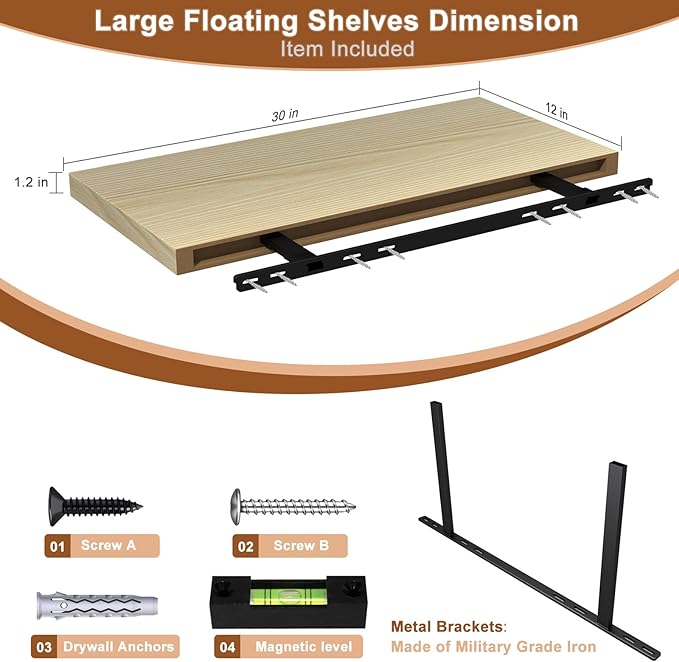 12 Inch Deep Floating Shelves for Wall 3 Pack Floating Shelves Large Storage Space Wall Mount Shelf for Living Room Kitchen Bathroom 30" W x 12" D x 1.2" H Oak-Ruum Studio Home