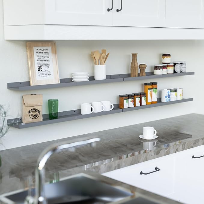 RICHER HOUSE 8 Set Floating Wall Mounted Shelves, Nursery Hanging Book Shelves with Lip for Storage, Gray Display Picture Ledge Shelf for Bedroom Bathroom Kitchen Living Room Wall Decor, Modern Grey-Ruum Studio Home