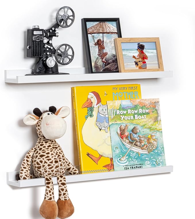 Fun Memories Picture Ledge Shelf, 24 Inch Floating Shelves Set of 2, Nursery Book Shelves for Toys Storage, Kids Bookshelf Wall Mounted for Wall Decor Books Photo Frames, White-Ruum Studio Home