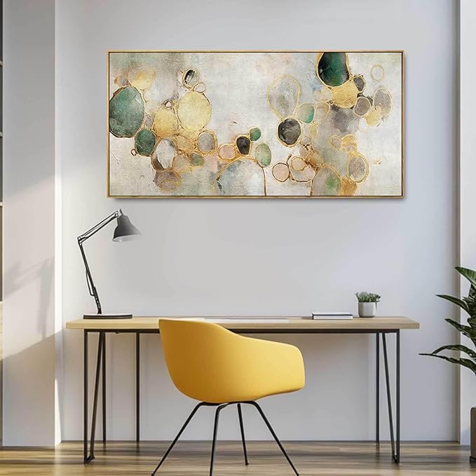 Gold Circle Modern Artwork Framed Abstract Wall Art Green Canvas Decor 24"x48" Wall Decorations for Bedroom Living Room Kitchen-Ruum Studio Home