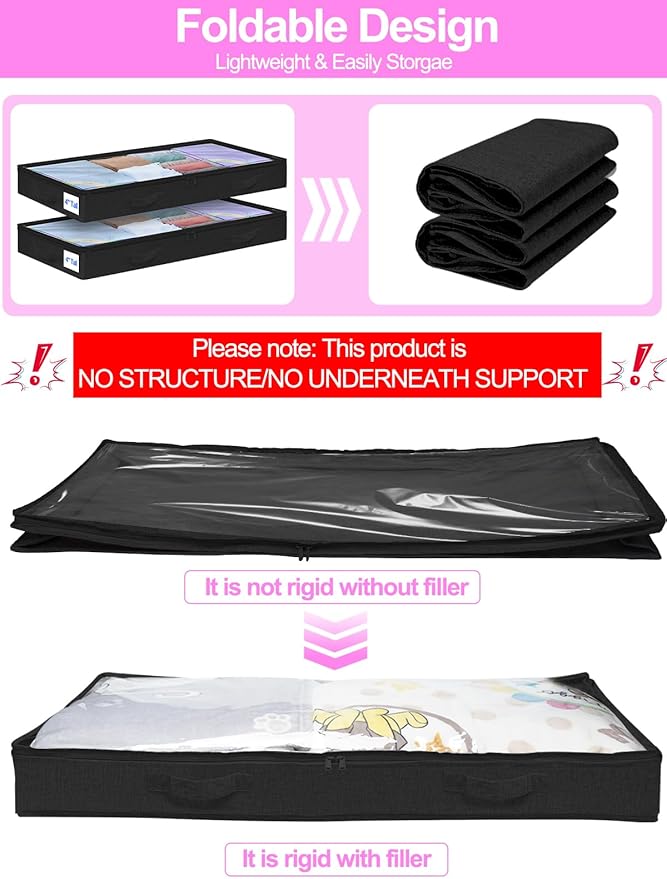 punemi Under Bed Storage Containers, Below 4 Inches Tall Low Profile Foldable Under Bed Storage,No Structure, Soft Fabric Blanket Storage and Clothing Storage with Zipper, 2 Pack, 20x40x3.7in, Black-Ruum Studio Home