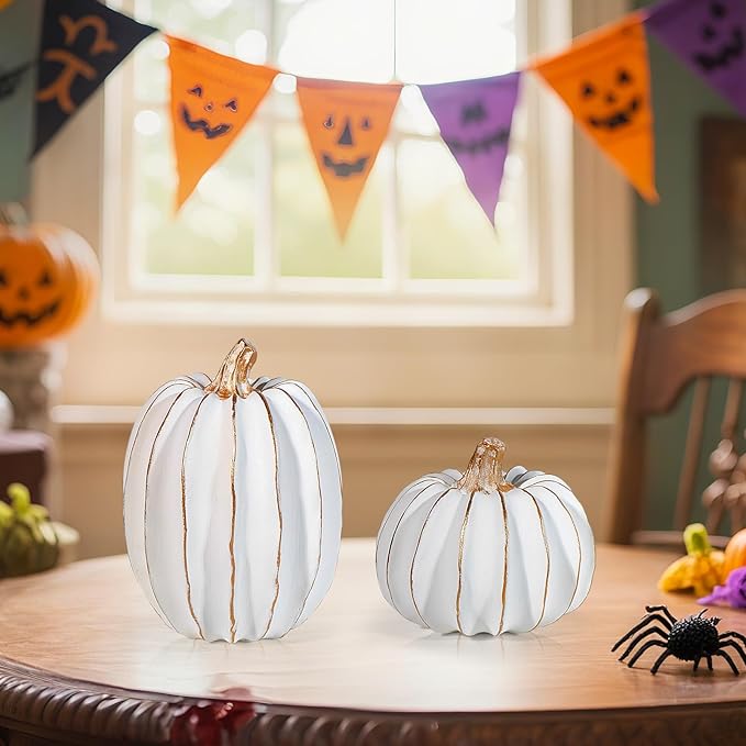 2Pcs Halloween Pumpkin Artificial Resin Pumpkins Decor for Mantel Harvest Autumn Tabletop Decoration Gold Fall Pumpkin Decorations Thanksgiving Table Centerpieces (Set C, ONE Size)-Ruum Studio Home