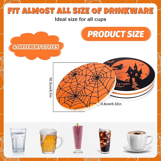 4Pcs Halloween Coasters Orange Black Round Ceramic Coaster Trick or Treat Heat-Resistant Cup Mats for Wooden Table Protection Home Party Supplies-Ruum Studio Home