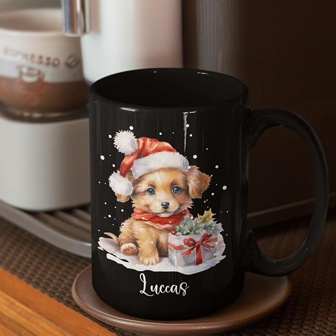 Personalized Name Christmas Puppy Cup - Novelty Coffee Mug 11oz 15oz, Customized Santa Hat Design, Custom Pet Owner Black Ceramic Cup, Gift for Christmas, Puppy Lover-Ruum Studio Home