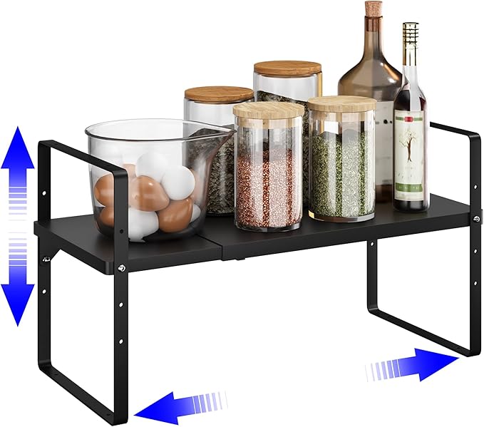 Expandable Cabinet Shelf Organizer, Stackable Kitchen Pantry Counter Storage, Adjustable Closet Cupboard Stand Rack Risers Spice Organization 80LBS Heavy Duty Black Small 1 Pack-Ruum Studio Home