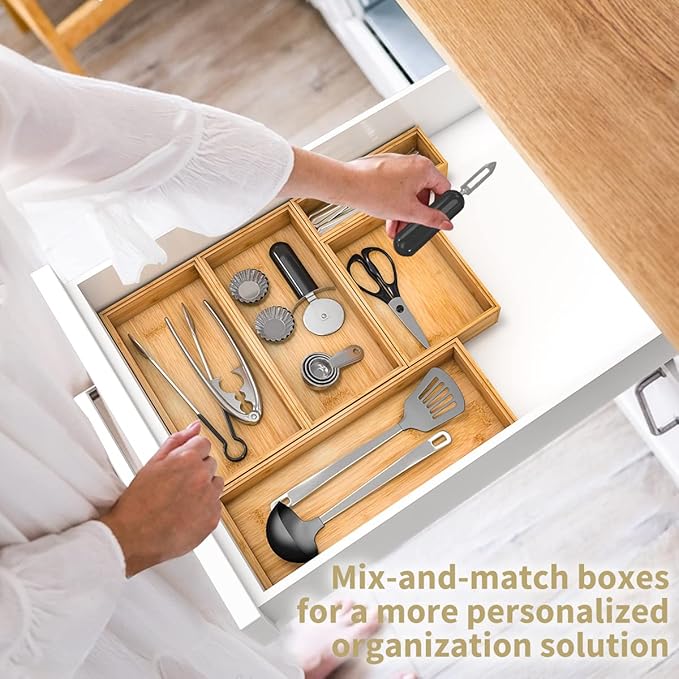 Bamboo Kitchen Drawer Organizer,Stackable Silverware Tray Utensil Organizer Cutlery Holder for Kitchen,Wooden Storage Box for Bathroom, Multi-Use Drawer Organizer for Office,Makeup(12x6x2.5 inch）-Ruum Studio Home
