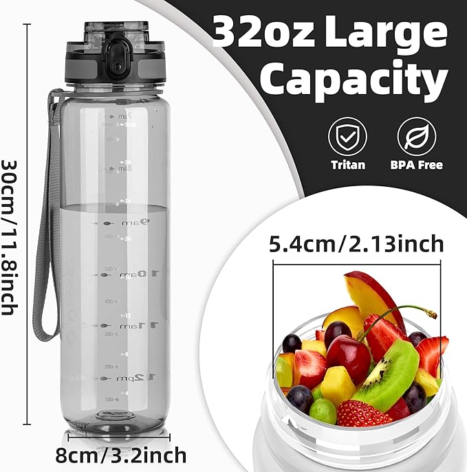 OLDLEY 32 oz Water Bottle, Motivational Water Bottle with Time Marker, Sports Water Bottle With Strap, Leakproof & BPA Free Large Water Bottles for School, Gym,Outdoor, Tritan, Transparent-Gray-Ruum Studio Home