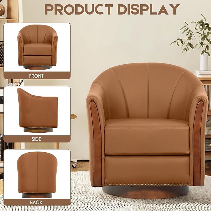 360° Swivel Accent Chair, Modern Leather Barrel Club Chair with Leather Upholstery and Sturdy Wood Base, Comfortable Armchair for Living Room, Bedroom, Reading Nook, Brown-Ruum Studio Home