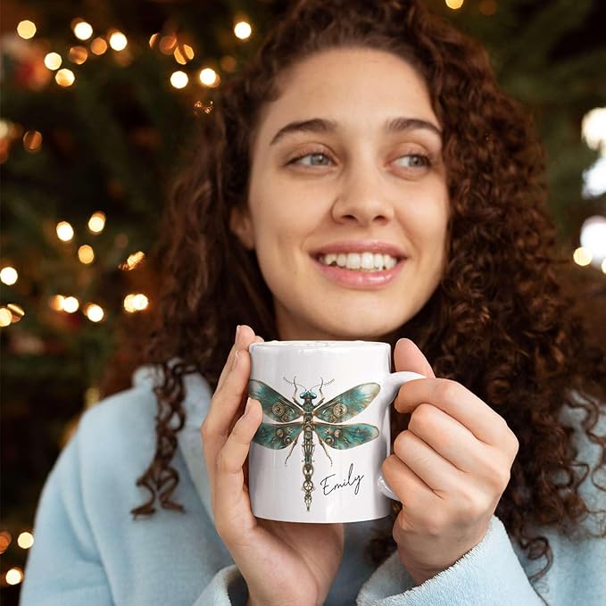 Personalized Steampunk Dragonfly Mug, Customized Name Coffee Cup 11oz, Custom Unique Dragonfly Ceramic Cup, Dragonfly Lovers White Cup, Steampunk Themed Decorative Mug, Kid Cup-Ruum Studio Home