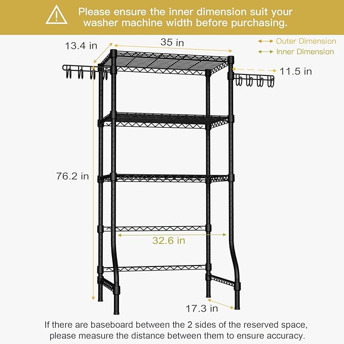 Ulif U8 Laundry Room Storage Organizer, Over The Washer and Dryer Storage Shelves for Laundry Organization, 35" W x 17.3" D x 76.2" H, Suit Washing Machine Width Within 32.6", Hold 304 lb, Black-Ruum Studio Home