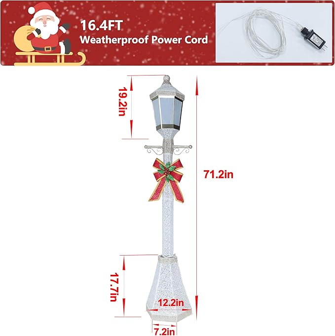 6FT Lighted Freestanding Lamp Post for Christmas Decoration, Pre-Lit Iridescent Post Lamp with 120 LED Lights & Removable Bow, Outdoor 3D Glittered Standing Festival Display, White-Ruum Studio Home
