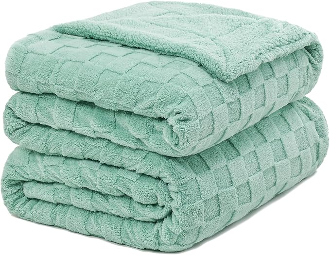 Pawque Super Soft Cozy Throw Blanket Queen Size for Couch Bed, Fluffy Sherpa Fleece Reversible Thick Warm Fuzzy Blanket for All-Season, 3D Checkered Jacquard Decorative Blankets, Sage Green, 90"x90"-Ruum Studio Home