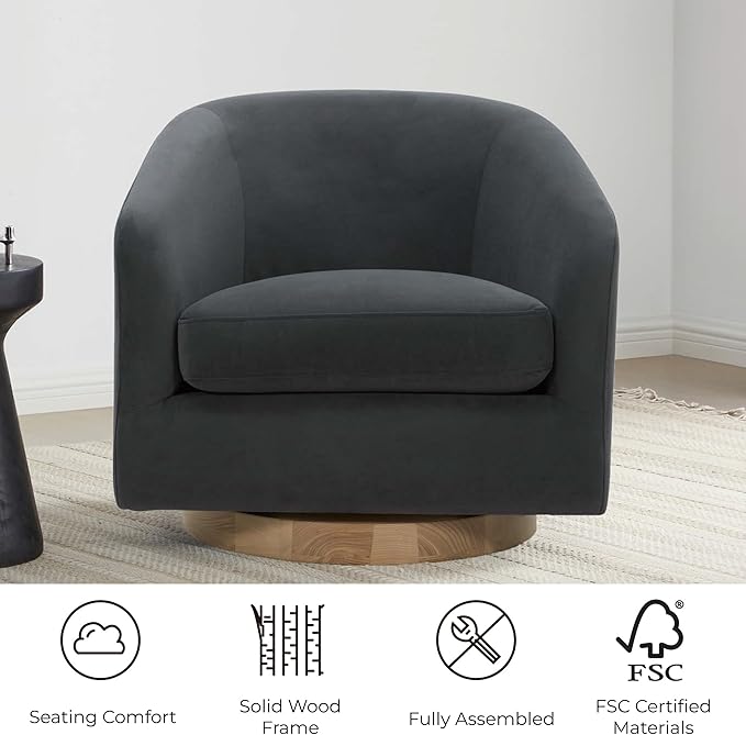 CHITA Swivel Accent Chair, FSC Certified Upholstered Velvet Barrel Chair for Living Room, Fully Assembled, Grey-Ruum Studio Home
