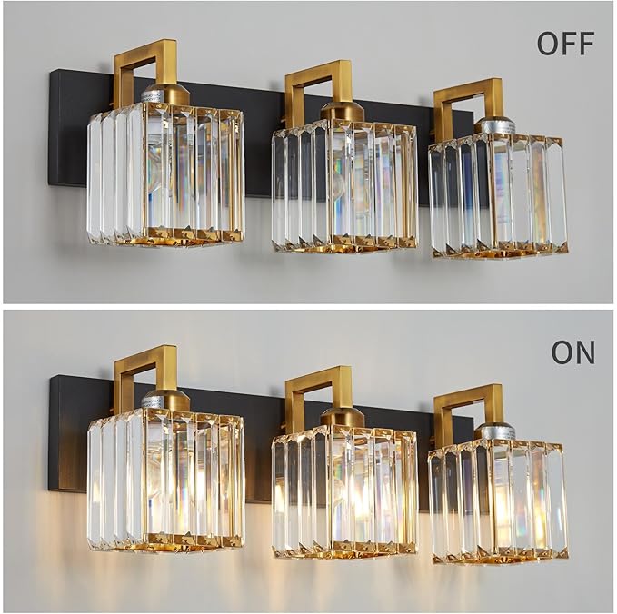 Modern Bathroom Vanity Light 3-Lights Black Gold Crystal Wall Lamp Bathroom Modern Crystal Vanity Lighting-Ruum Studio Home