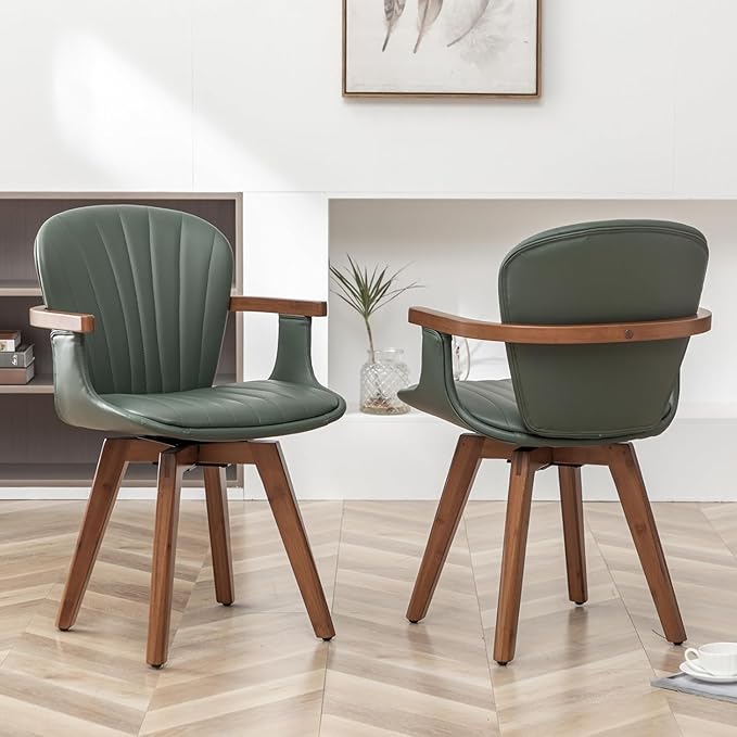 LUNLING Swivel Dining Chairs Set of 4, Mid Century Modern Green Faux Leather Kitchen Chairs with Arms,Bamboo Legs Side Chairs No Wheels,Accent Chair for Dining Rooms and Offices-Ruum Studio Home
