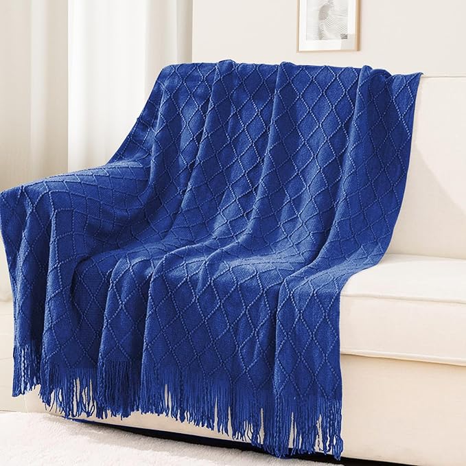 inhand Knit Klein Blue Throw Blanket for Couch, Soft Living Room Home Decor Knitted Twin Size Blanket, Outdoor Lightweight Breathable Summer Blanket, Farmhouse Warm Woven Decorative, 60"x80"-Ruum Studio Home
