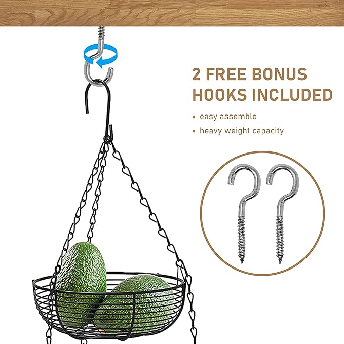 CAXXA 3-Tier Hanging Basket Fruit Organizer Kitchen Heavy Duty Wire Organizer with 2 Free Bonus Metal Ceiling Hooks, Black-Ruum Studio Home