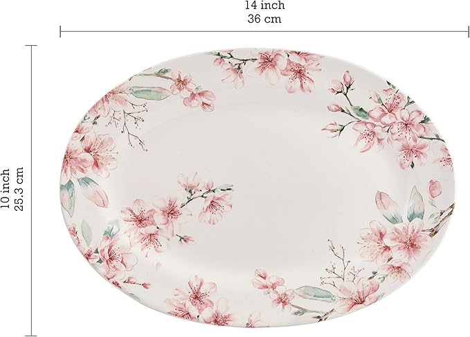 Bico Spring Sakura 16 plus 14 inch Ceramic Oval Platters Set, Set of 2, Microwave & Dishwasher Safe, for Serving Fish, Chicken, Turkey-Ruum Studio Home