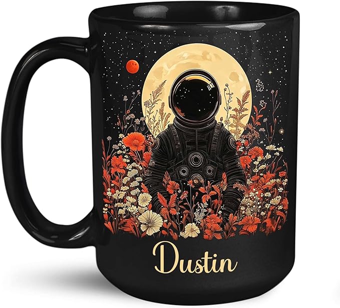 Astronaut with Moon and Wildflowers Coffee Mug, Custom Name Ceramic Cup 11oz 15oz, Unique Astronaut Coffee Cup for Friends, Personalized Astronomy Black Mug, Gifts for Birthday-Ruum Studio Home