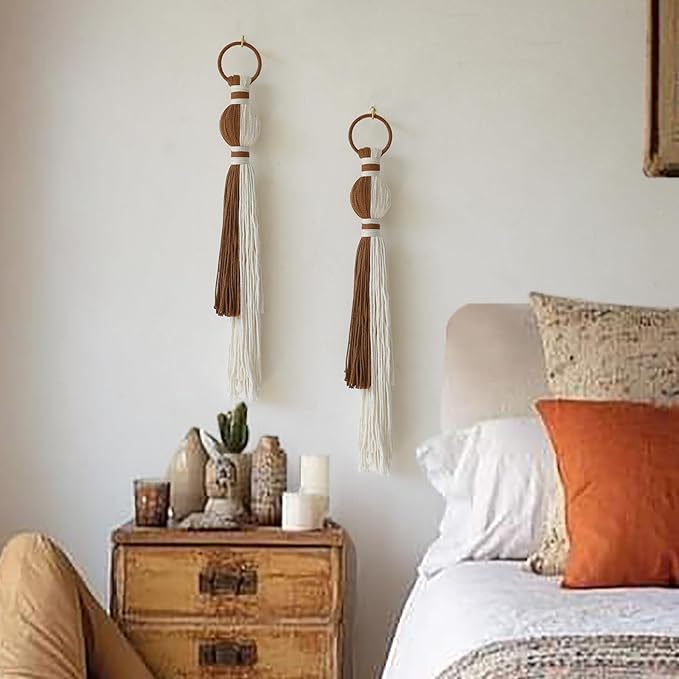 2Pcs Macrame Wall Hanging Boho Home Decor Fiber Art with Sphere Knots Tassels Handmade Yarn Art for Bedroom Living Room Office Entryway-Ruum Studio Home