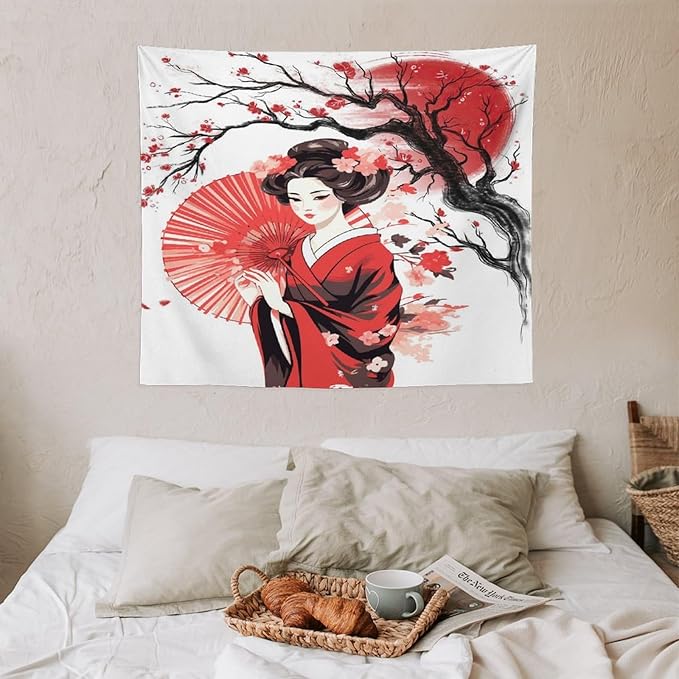 Japanese Red Geisha Tapestry Asian Cherry Blossom Traditional Kimono Folk Tapestries Home Decor for Living Room Bedroom Apartment Farmhouse Dorm 60"x50"-Ruum Studio Home