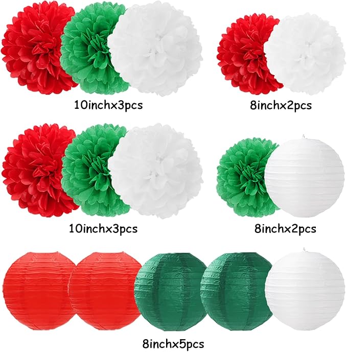 Red-Green White Party-Decorations Christmas Flowers Lanterns - 15PCS Italian Mexican Independence Day Paper Tissue Pom Poms Streamers,Mexico Italy Birthday Baby Shower Wedding Hanging Decor Hugfond-Ruum Studio Home