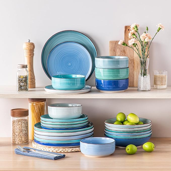 vancasso Bonita Dinnerware Sets 24 Pieces, Blue Stoneware Dishes Set for 6, Dinner Platers with Bowls Set, Dishwasher and Microwave Safe-Ruum Studio Home