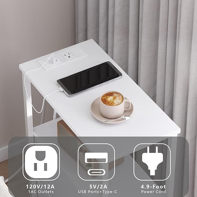TUTOTAK Narrow Night Stand with Charging Station, Slim End Table with Plugins, Tall Side Table with 3 Fabric Drawer, Small Bedside Table with Storage, Living Room, Bedroom, White TB01BW086-Ruum Studio Home