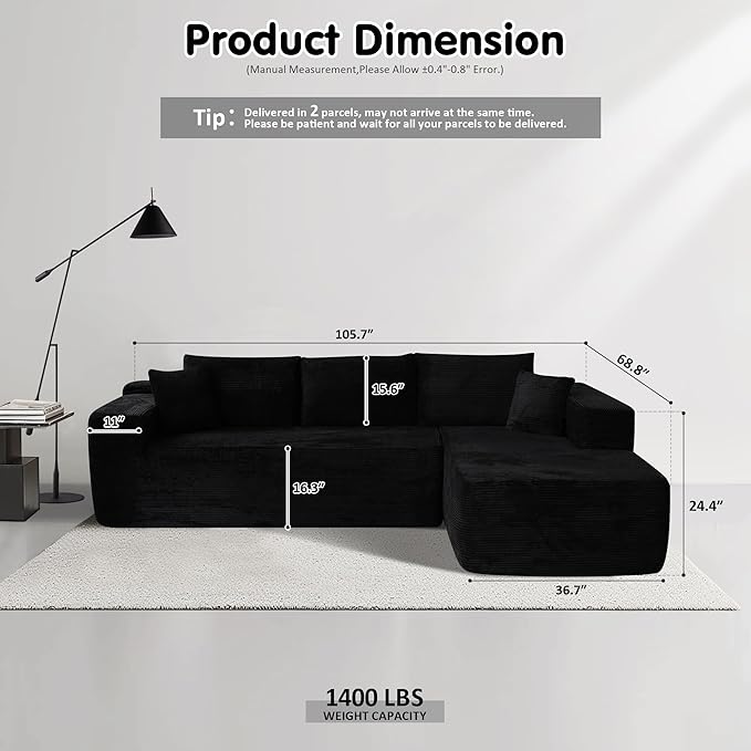 ovios 104" Cloud Sectional Couch with L-Shape Chaise,Modern Modular Sofa with Deep Seat, Upholstered Couches for Living Room Bedroom,No Assembly Required, Black (Corduroy Fabric)-Ruum Studio Home