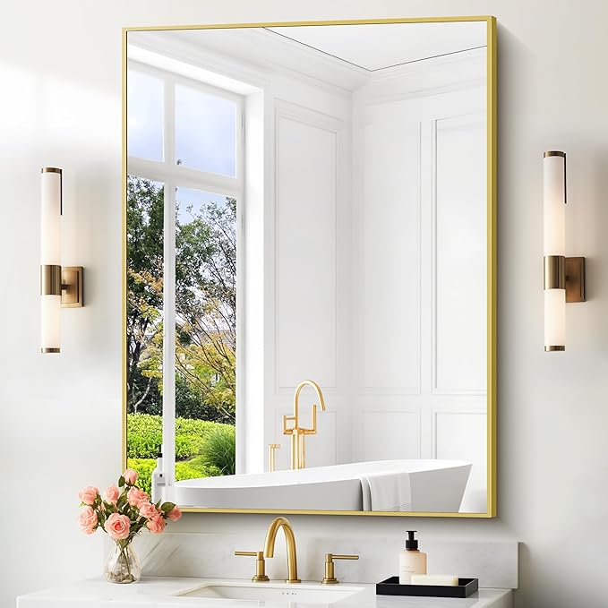 36x48inch Bathroom Mirror, Gold Rectangle Mirror with Thin Metal Frame, Large Rectangular Wall Mirrors for Bathroom, Living Room, Hair Salon, Big Farmhouse Mirror Hang Horizontal/Vertical-Ruum Studio Home