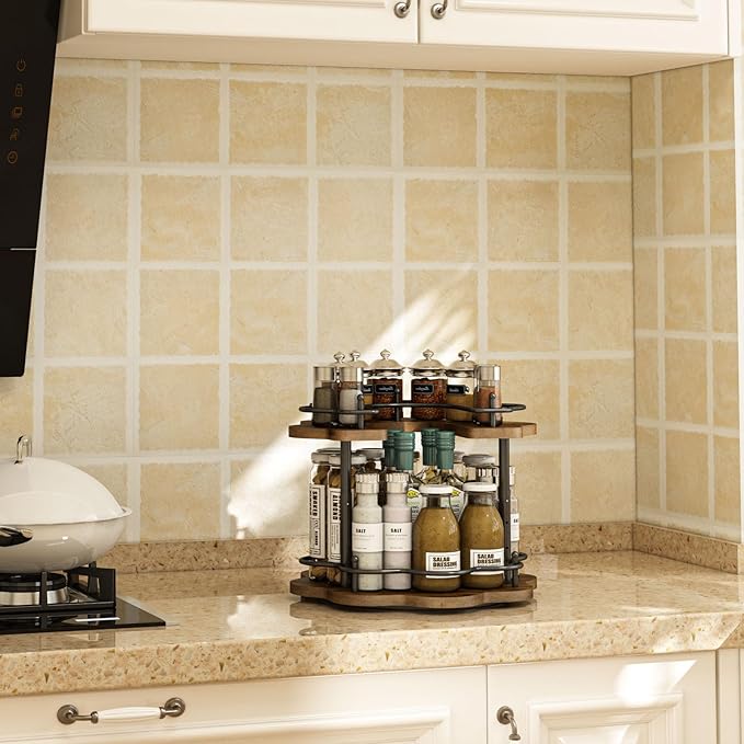 2 Tier Lazy Susan Organizer,2-Tier Spinning Spice Rack with Stable Carousel Base & 4 Height Settings for Cupboard Kitchen Countertop Dining Table Cupboard (Petal Shape)-Ruum Studio Home
