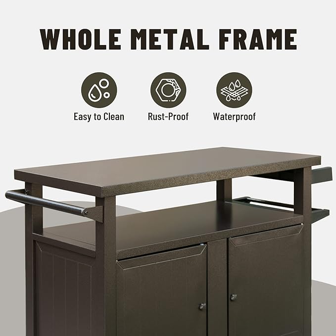 Domi Grill Carts Outdoor with Storage and Wheels, Whole Metal Portable Table and Storage Cabinet for BBQ,Deck,Patio,Backyard (Brown, L45xW20.31xH35.51 Inch)-Ruum Studio Home