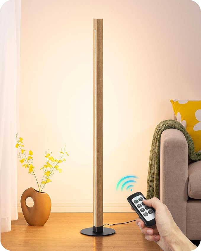 EDISHINE Corner Floor Lamp, Upgraded Dual-Sided Lighting, Wooden Floor Lamps for Living Room, Standing Lamp with Remote/Foot Control, 7CCT & Dimmable Floor Lamp for Bedroom, Office, Natural Wood-Ruum Studio Home