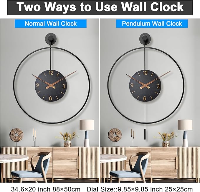 Large Modern Wall Clock,34.6×24 Inch Big Metal Minimalist Arabic Numeral Dial,Decorative Farmhouse Pendulum Wall Clocks with Walnut Pointers forLiving Room Decor, Office,Dining Room-Ruum Studio Home