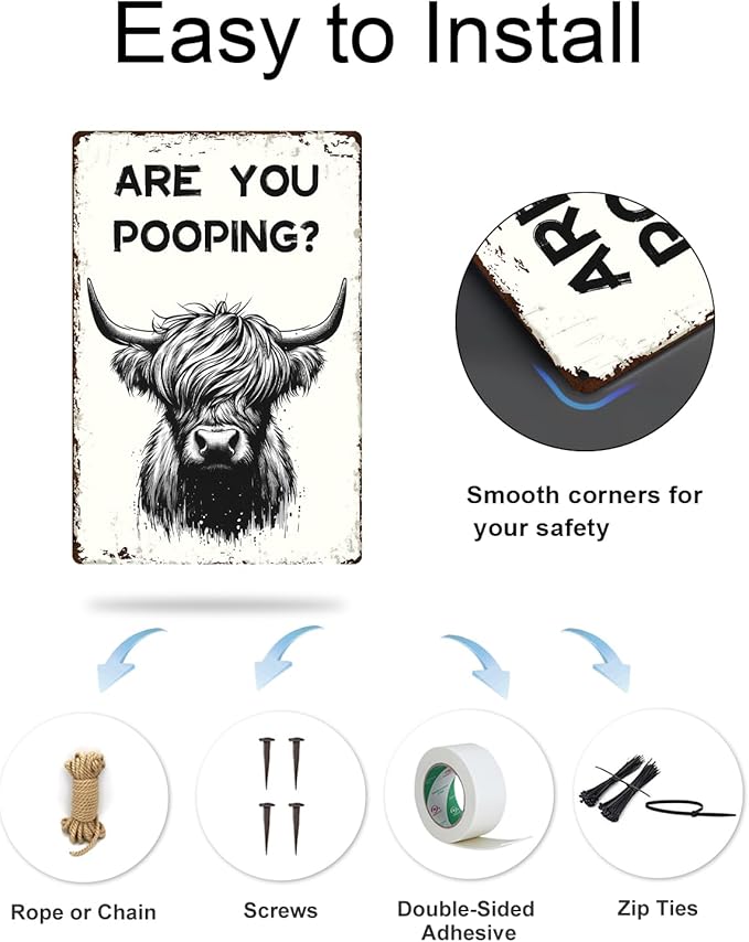 ALKB Funny Highland Cow Are You Pooping Metal Signs Vintage Farmhouse Bathroom Wall Decor Highland Cow Lovers Gift 8 x 12 Inch-Ruum Studio Home