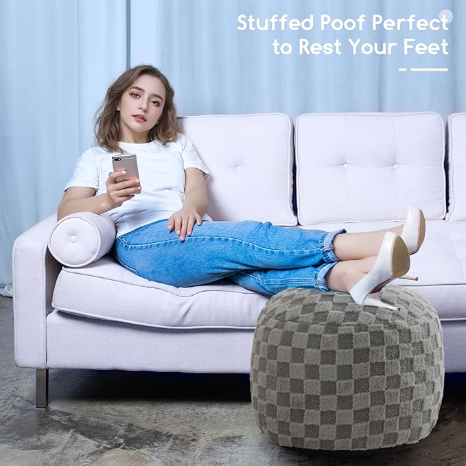 HIGOGOGO Round Stuffed Pouf Ottoman, Plaid Poufs with Foam Chunk Filling, Fluffy and Furry Pouf Foot Stool Storage Ottoman, 20 X 15 Floor Poufs Foot Rest for Living Room, Grey-Ruum Studio Home