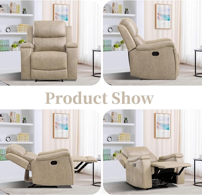 EBELLO Recliner Chair, Single Overstuffed Sofa Recliner, Breathable Faux Leather Manual Reclining Chairs with Hidden Cup Holder, Arm and Back for Adults, Living Room, Bedroom, Beige-Ruum Studio Home
