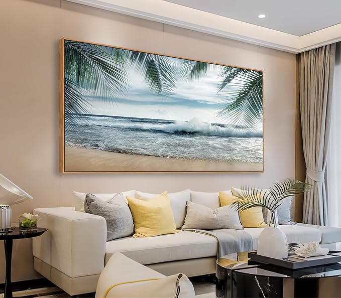 Framed Tropical Beach Wall Art - Ocean Waves Canvas Pictures Coastal Blue Sky and Sea Print Seaside Palm Tree Leaves Scene Painting Artwork Living Room Bedroom Office Home Decor 29" x 58"-Ruum Studio Home