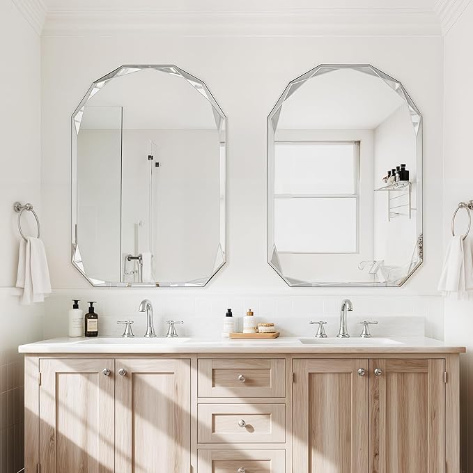 Bathroom Mirror for Wall, 20" x 30" Arched Mirror, Bathroom Vanity Mirrors, Beveled Edge Frameless Wall Mount Vanity Mirror, Wall Mirror Decorative, Irregular Beveled Edge Mirror-Ruum Studio Home