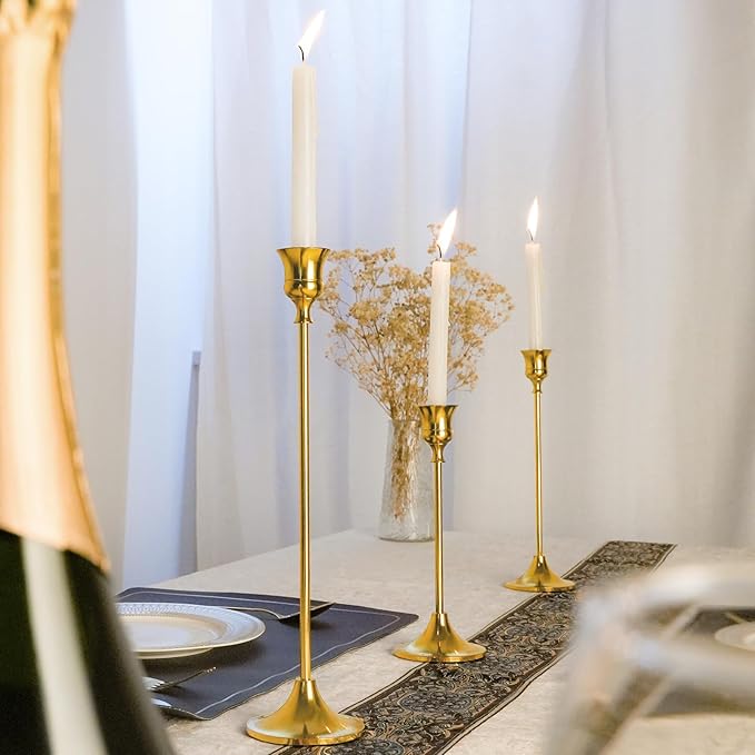Metal Candle Holders for Candlesticks Taper Candlestick Holders Set Vintage Decorative Centerpiece Candelabra Tall Candle Stands for Halloween Thanksgiving Christmas (Gold, 4 Sets (12 pcs))-Ruum Studio Home
